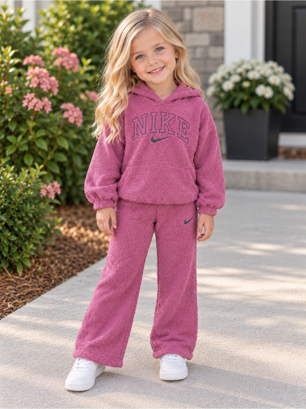 Nike Girls 2 Piece Pink Hoodie & Flare Pants Set Size 4 Soft Textured Outfit NWT